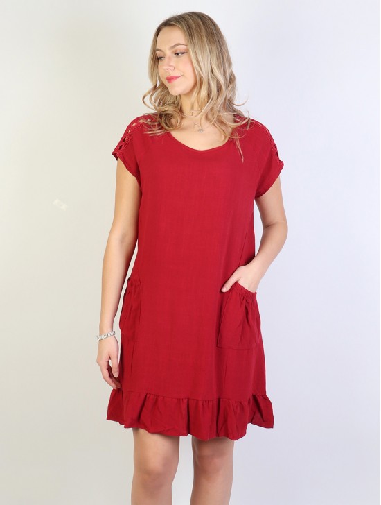 Shift Dress with Flowncy Edge.Cut-out Shoulder and Pockets